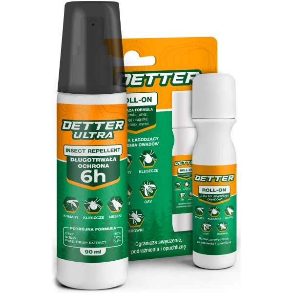 Spray na owady Detter Ultra i środek na ukąszenia owadów Detter Roll-On.
