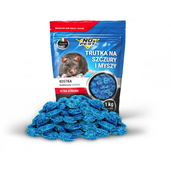 Trutka na szczury, myszy, gryzonie No Pest® niebieska kostka brodifakum 1kg.