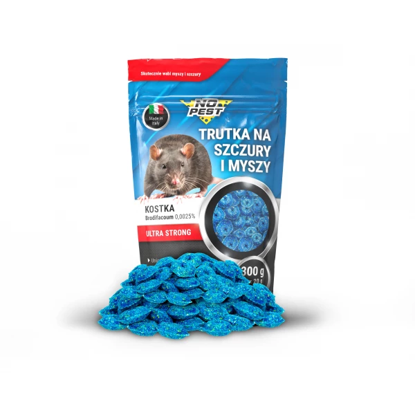 Trutka na szczury, myszy, gryzonie No Pest® niebieska kostka brodifakum 300g.