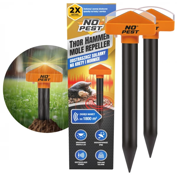 Solarny odstraszacz kretów, nornic 1800 m² No Pest® Thor Hammer Repeller