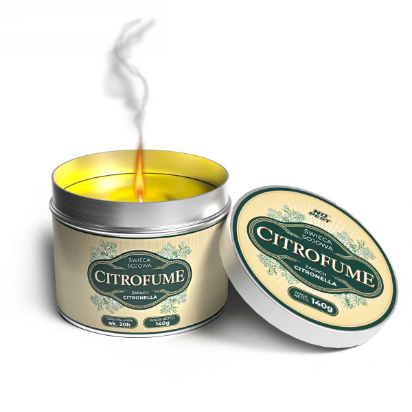 Świeca sojowa Citronella olejek 3% w puszce metalowej 140g, 20h palenia