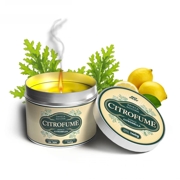 Świeca sojowa Citronella olejek 3% w puszce metalowej 140g, 20h palenia