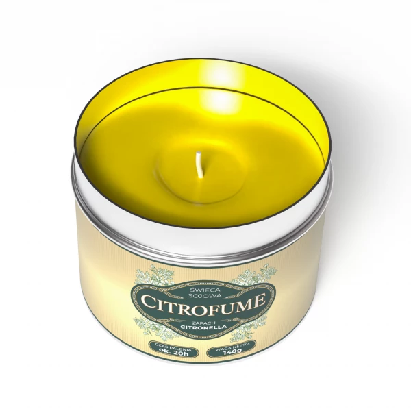 Świeca sojowa Citronella olejek 3% w puszce metalowej 140g, 20h palenia