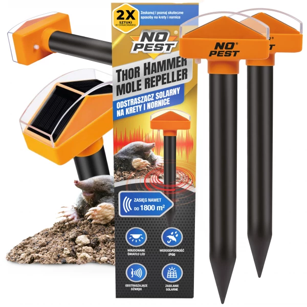 Solarny odstraszacz kretów, nornic 1800 m² No Pest® Thor Hammer Repeller