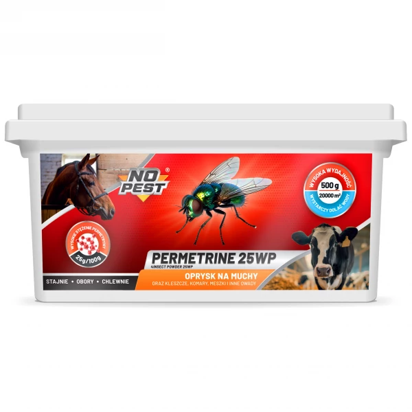 Środek na muchy, komary i kleszcze do stajni i obór Permetrine 25WP No Pest® 500g