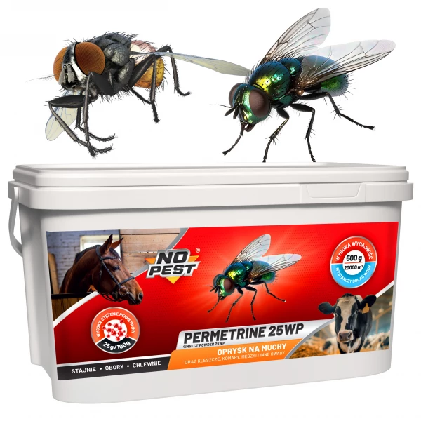Środek na muchy, komary i kleszcze do stajni i obór Permetrine 25WP No Pest® 500g