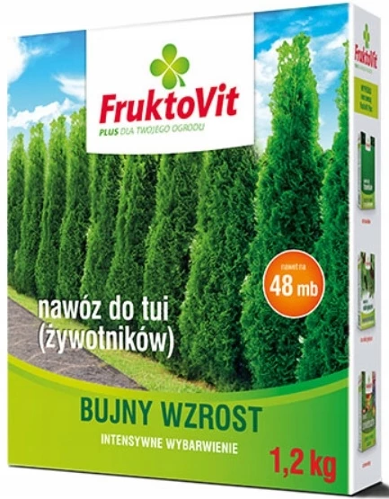 FruktoVit Plus, nawóz do tui, nawóz do żywotników, nawóz do iglaków, granulat do tui, Fruktovit 1,2 kg, nawożenie tui, NPK 5-6-8, pielęgnacja iglaków, nawóz ogrodowy, Fruktovit nawóz, Grupa Inco, nawóz mineralny, nawóz do żywopłotu, granulat na iglaki, granulat nawozowy, Fruktovit nawóz, zagęszczający nawóz, pielęgnacja tui, pielęgnacja żywotników, pielęgnacja iglaków.