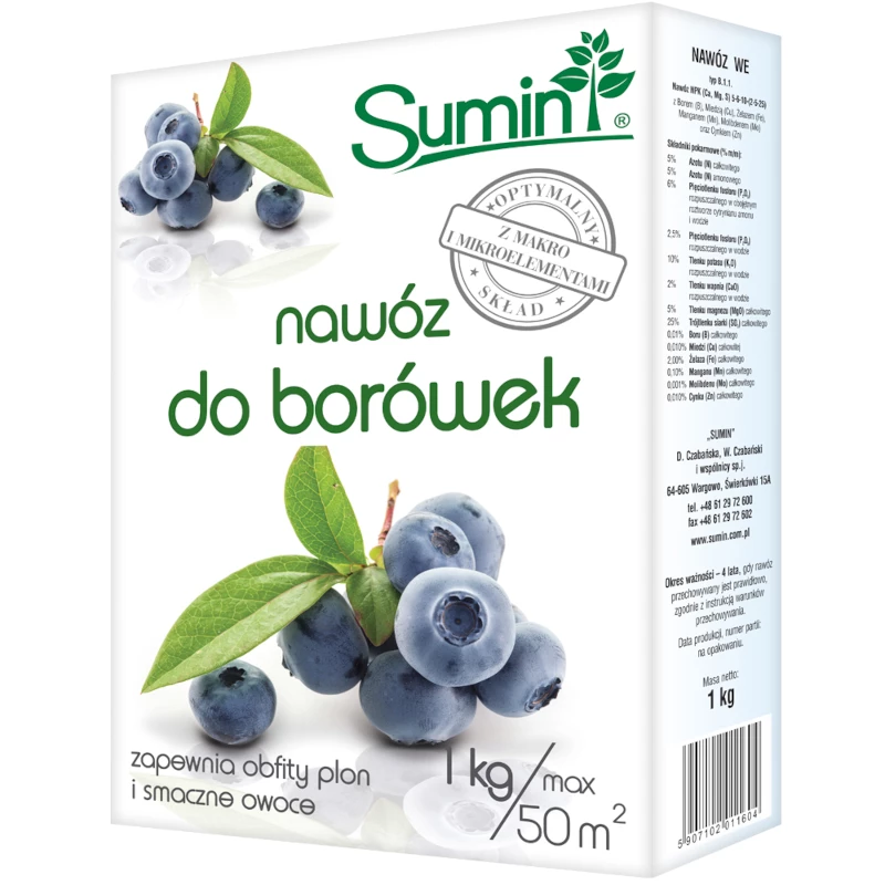 nawóz do borówek, nawóz do borówki wysokiej, nawóz do roślin kwaśnolubnych, nawóz do rododendronów, nawóz do azalii, nawóz granulowany do borówek, nawóz ogrodowy borówka, SUMIN nawóz do borówek, nawożenie borówki, nawóz do krzewów owocowych 1 kg