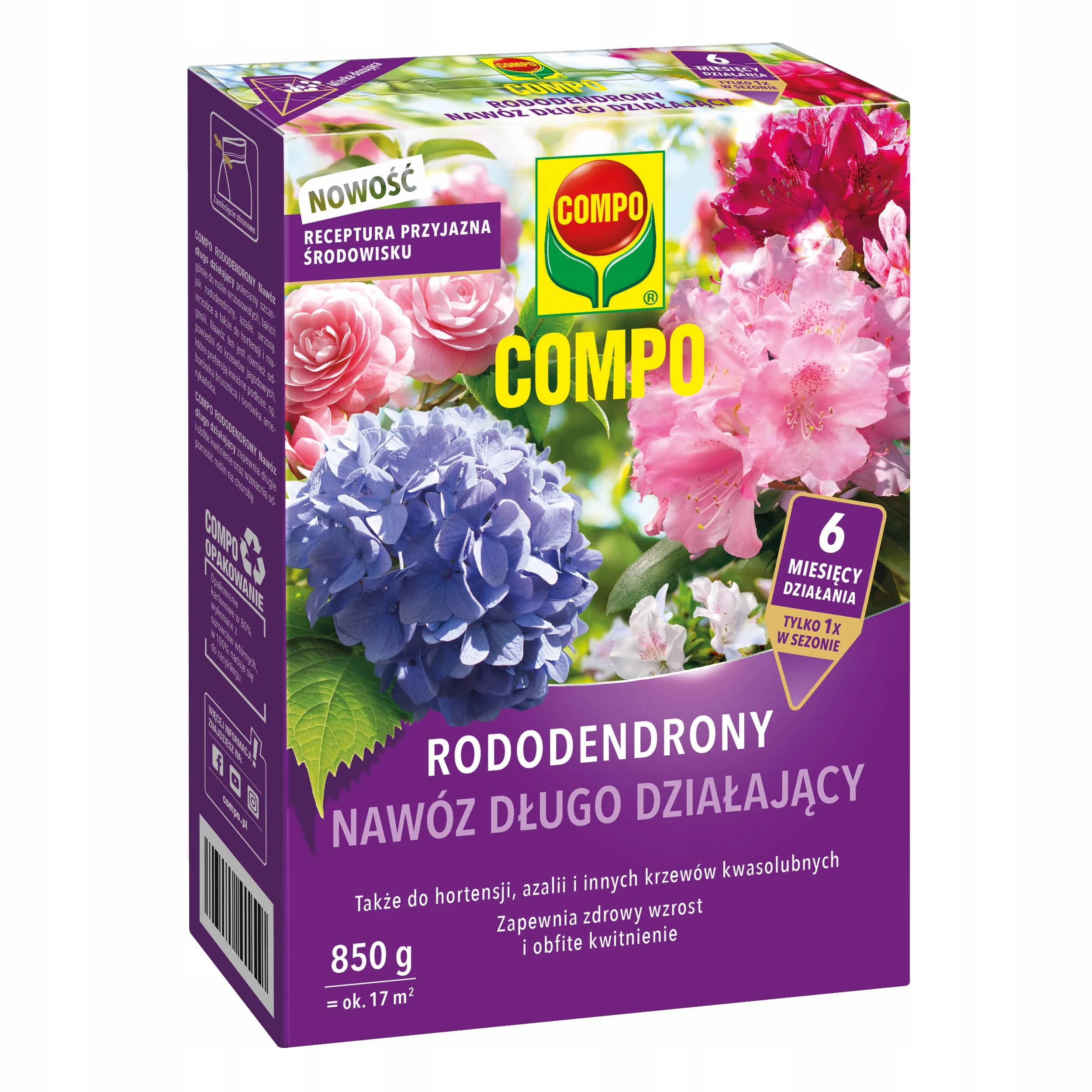 nawóz do rododendronów, nawóz do hortensji, nawóz do azalii, nawóz do borówki, nawóz do roślin kwasolubnych, COMPO rododendrony nawóz, nawóz długo działający, nawóz granulowany 6 miesięcy, nawóz do wrzosów, nawóz ogrodowy COMPO