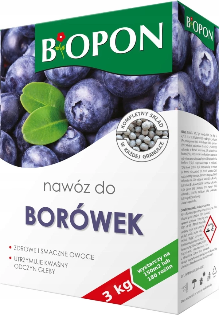 Biopon nawóz do borówek 3 kg, nawóz do borówek granulat, nawóz do żurawiny, nawóz do roślin kwasolubnych, granulat do borówek, nawóz kwaśne pH, nawóz do borówki amerykańskiej, nawóz wieloskładnikowy Biopon, nawóz z potasem do borówek, nawóz ogrodowy 3 kg
