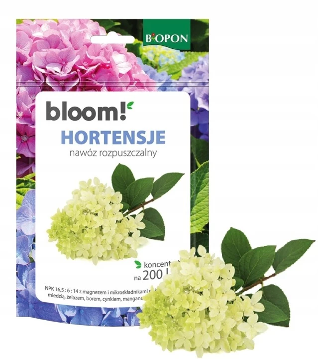 nawóz do hortensji, Biopon Bloom 200 g, nawóz do hortensji granulat, nawóz rozpuszczalny do hortensji, nawóz mineralny do hortensji, nawożenie hortensji, Biopon nawóz hortensje, nawóz ogrodowy hortensje, nawóz do hortensji w donicach, nawóz do hortensji ogrodowych