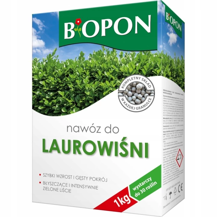 nawóz do laurowiśni, Biopon nawóz, nawóz granulat 1kg, nawóz do krzewów zimozielonych, nawóz do żywopłotu, nawóz do ogrodu, nawóz mineralny laurowiśnia, nawóz do roślin ozdobnych, nawożenie laurowiśni, Biopon BROS granulat