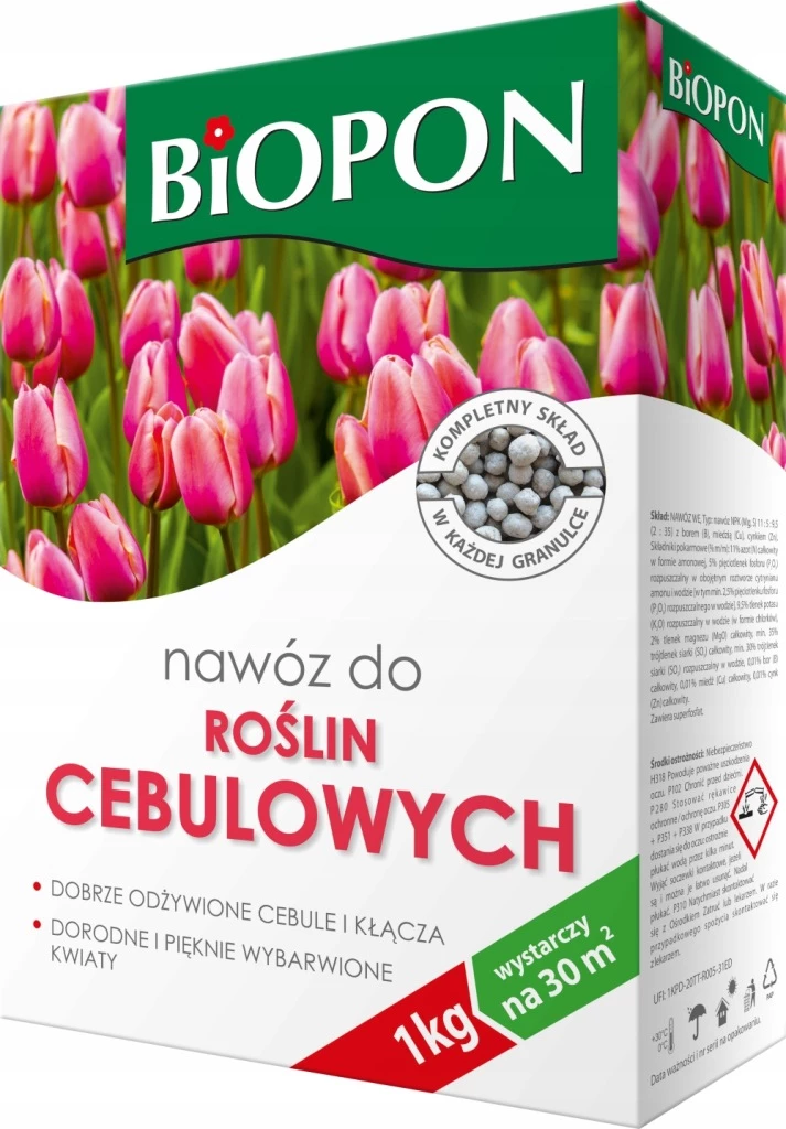 nawóz do roślin cebulowych, Biopon granulat, nawóz do tulipanów, nawóz do narcyzów, nawóz ogrodowy 1 kg, nawóz wieloskładnikowy, nawóz do kwiatów cebulowych, nawóz fosfor potas, nawóz do rabat kwiatowych, Biopon BROS