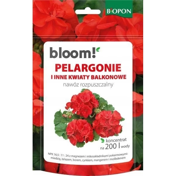 Nawóz rozpuszczalny Pelargonie i inne kwiaty balkonowe 200 g Biopon Bloom!