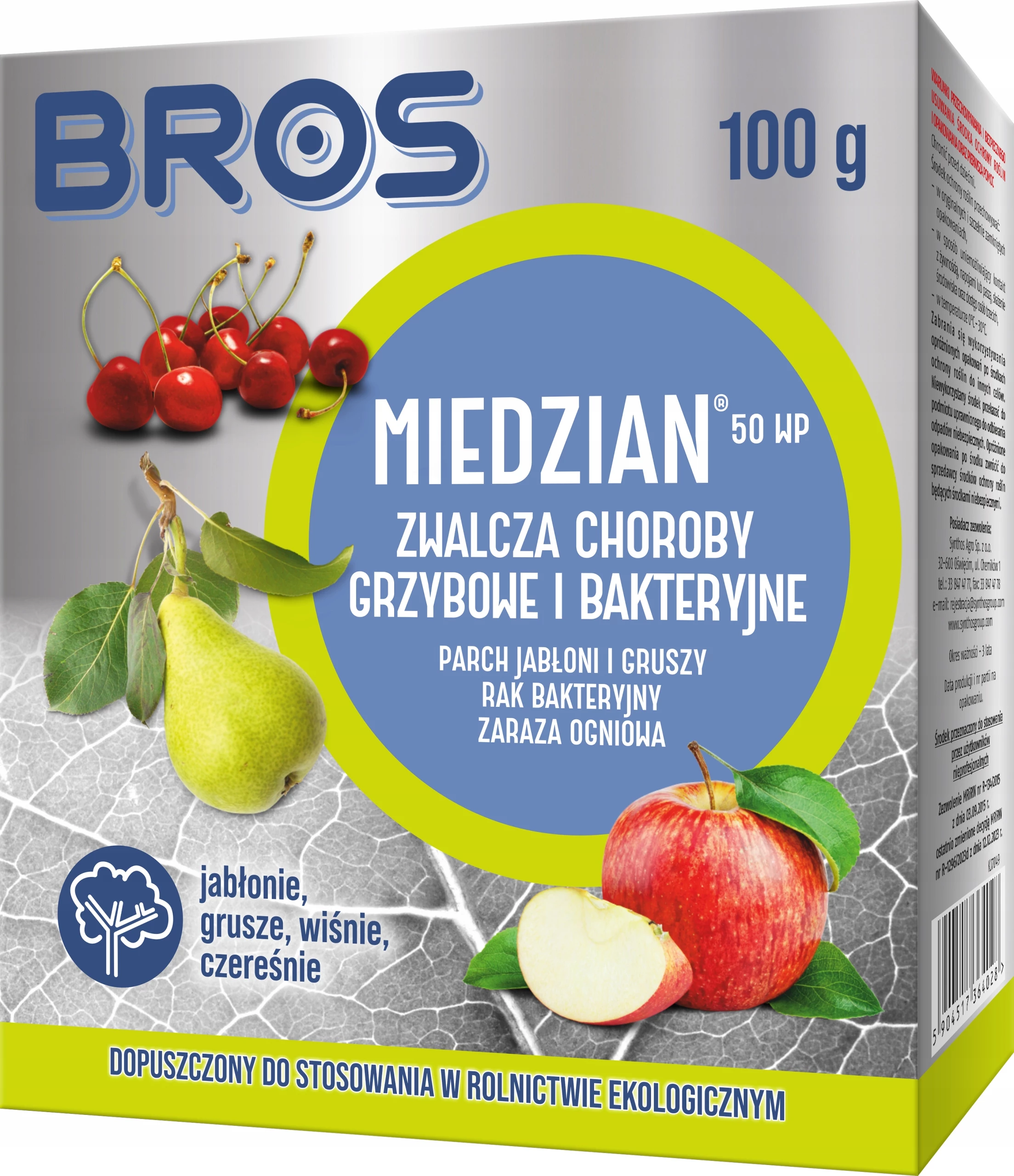 MIEDZIAN 50 WP, Miedzian 50 WP fungicyd, Miedzian 50 WP bakteriocyd, środek ochrony roślin miedziowy, tlenochlorek miedzi 50%, oprysk na parch jabłoni, oprysk na parch gruszy, oprysk na zarazę ogniową, oprysk na raka bakteryjnego drzew pestkowych, środek do jabłoni, środek do gruszy, środek do wiśni, środek do czereśni, fungicyd do opryskiwacza ręcznego, proszek WP do zawiesiny wodnej 100 g.