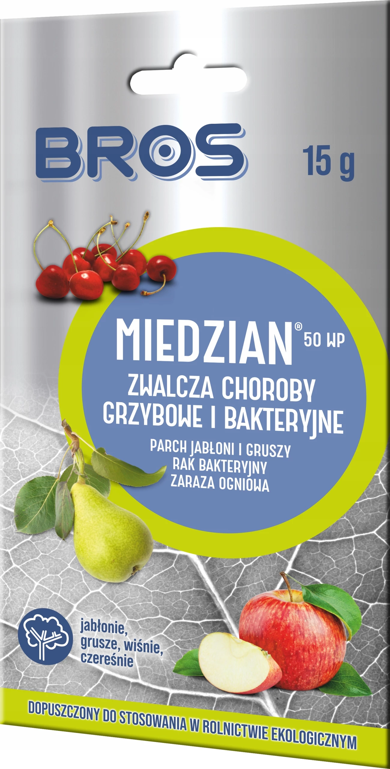 MIEDZIAN 50 WP, Miedzian 50 WP fungicyd, Miedzian 50 WP bakteriocyd, środek ochrony roślin miedziowy, tlenochlorek miedzi 50%, oprysk na parch jabłoni, oprysk na parch gruszy, oprysk na zarazę ogniową, oprysk na raka bakteryjnego drzew pestkowych, środek do jabłoni, środek do gruszy, środek do wiśni, środek do czereśni, fungicyd do opryskiwacza ręcznego, proszek WP do zawiesiny wodnej 15 g.