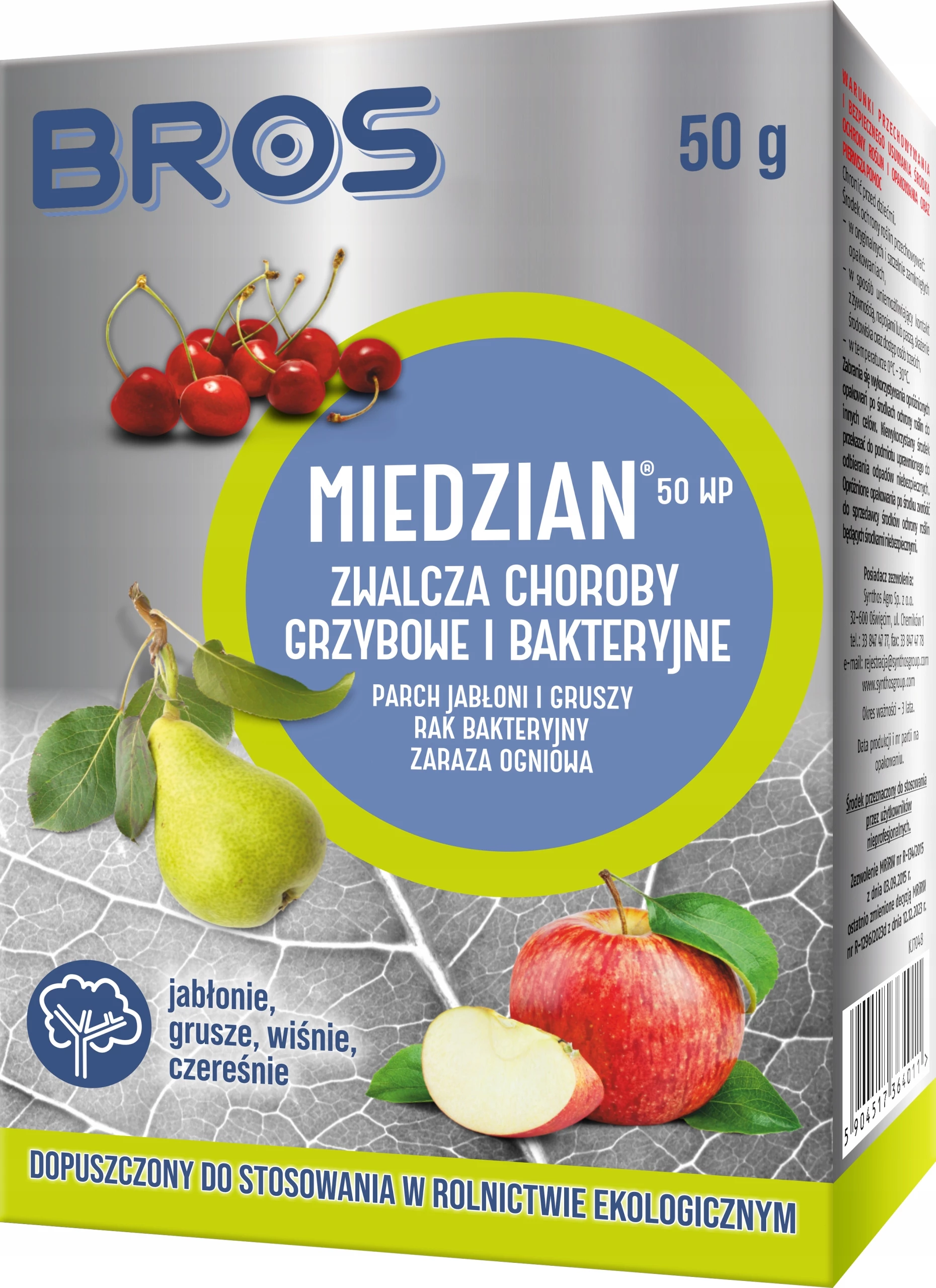 MIEDZIAN 50 WP, Miedzian 50 WP fungicyd, Miedzian 50 WP bakteriocyd, środek ochrony roślin miedziowy, tlenochlorek miedzi 50%, oprysk na parch jabłoni, oprysk na parch gruszy, oprysk na zarazę ogniową, oprysk na raka bakteryjnego drzew pestkowych, środek do jabłoni, środek do gruszy, środek do wiśni, środek do czereśni, fungicyd do opryskiwacza ręcznego, proszek WP do zawiesiny wodnej 50 g.