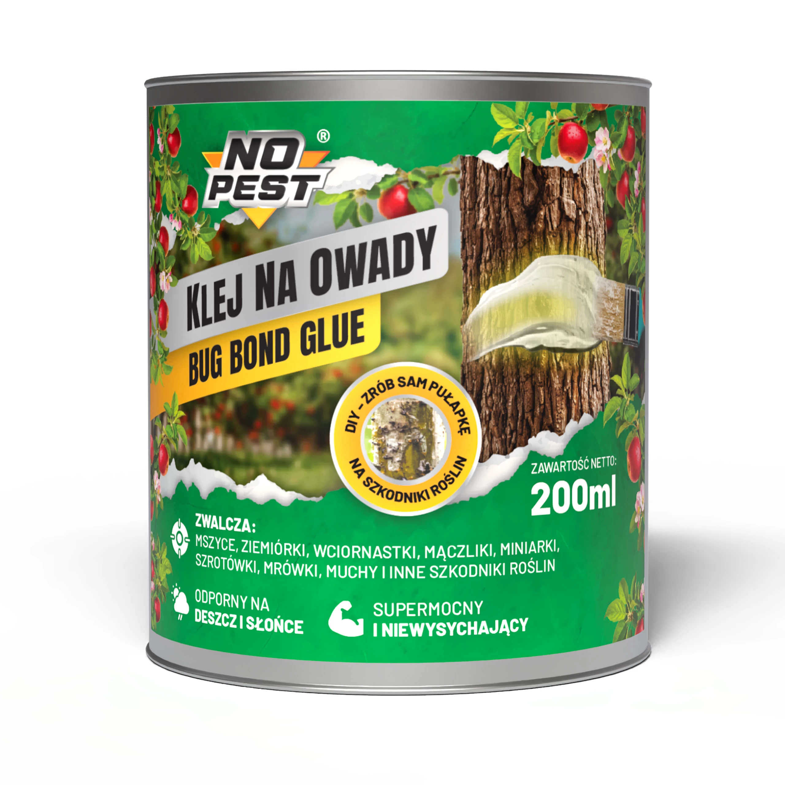 klej na owady, Bug Bond Glue, No Pest, klej entomologiczny, pułapki lepowe, pułapka na owady DIY, klej na mszyce, klej na ziemiórki, klej na wciornastki, klej na mączliki, klej na muchy, pułapki na szkodniki roślin, klej do szklarni, klej do ogrodu, klej do sadu, opaski lepowe na drzewa, lep na owady 200 ml