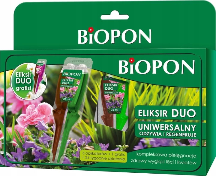 nawóz Eliksir Duo, Biopon BROS 5+1x35ML, nawóz uniwersalny do roślin ozdobnych, nawóz do roślin doniczkowych, nawóz do roślin balkonowych, nawóz w ampułkach, dwukomorowa ampułka do roślin, Biopon Eliksir Duo, nawóz do gleby, nawóz do kwiatów doniczkowych, nawóz po przesadzaniu, nawóz do roślin ozdobnych