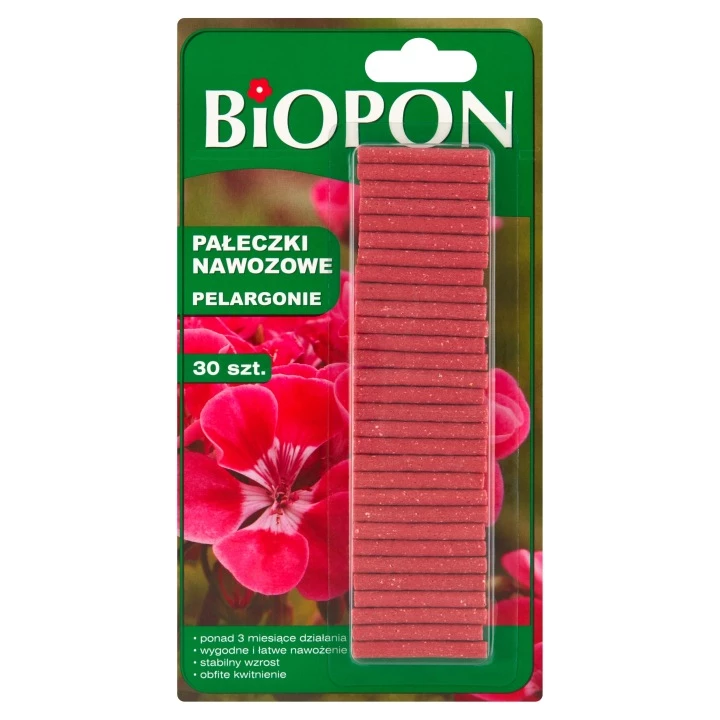 pałeczki nawozowe do pelargonii, nawóz Biopon, nawożenie pelargonii, nawóz w pałeczkach, Biopon pelargonie, nawóz do roślin balkonowych, pałeczki do kwiatów doniczkowych, nawóz długo działający 30 szt