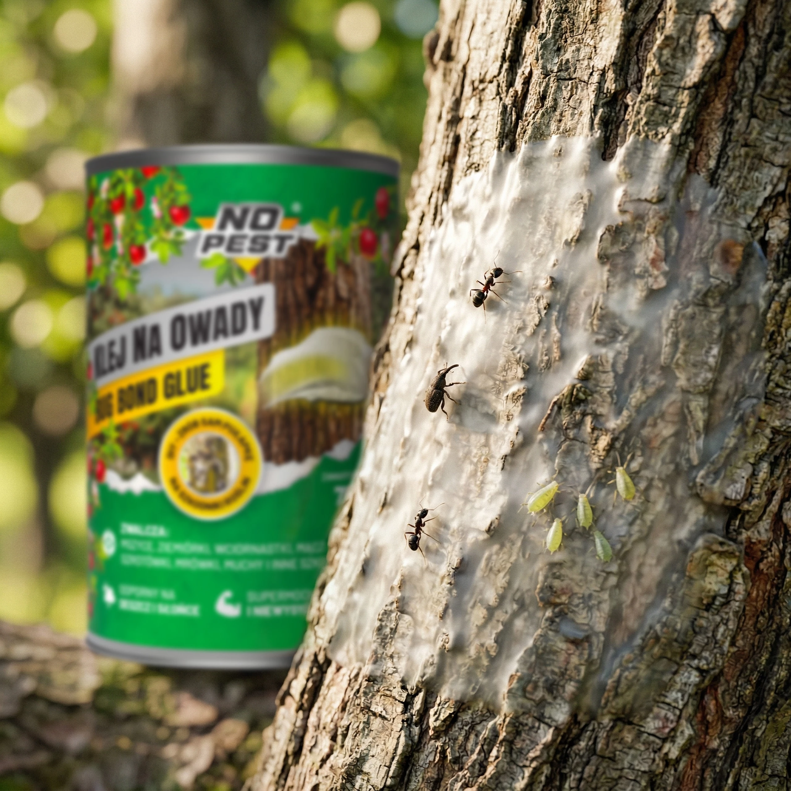 klej na owady, Bug Bond Glue, No Pest, klej entomologiczny, pułapki lepowe, pułapka na owady DIY, klej na mszyce, klej na ziemiórki, klej na wciornastki, klej na mączliki, klej na muchy, pułapki na szkodniki roślin, klej do szklarni, klej do ogrodu, klej do sadu, opaski lepowe na drzewa, lep na owady 750 ml
