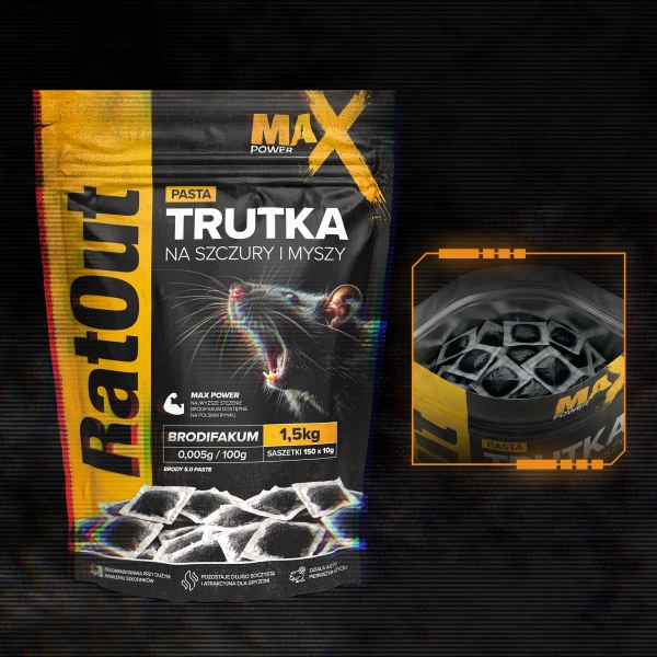 Najmocniejsza trutka na szczury, myszy, gryzonie od RatOut® pasta brodifakum MaX Power 1,5 kg