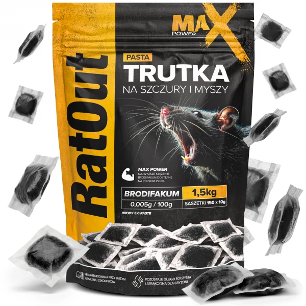 Najmocniejsza trutka na szczury, myszy, gryzonie od RatOut® pasta brodifakum MaX Power 1,5 kg
