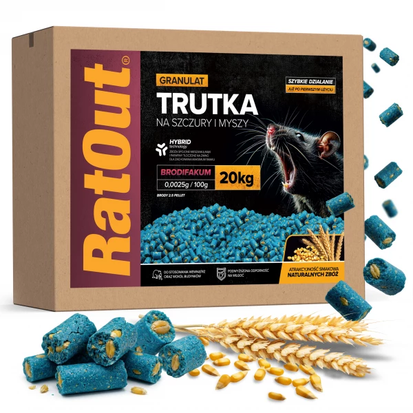 Trutka na szczury, myszy, gryzonie, granulat, pellet brodifakum RatOut® karton 20 kg