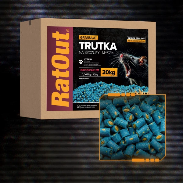 Trutka na szczury, myszy, gryzonie, granulat, pellet brodifakum RatOut® karton 20 kg