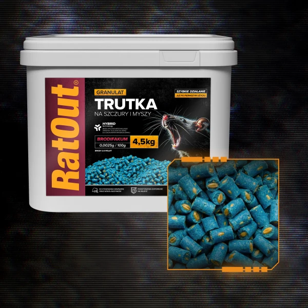 Trutka na szczury, myszy, gryzonie, granulat, pellet brodifakum RatOut® wiadro 4,5 kg