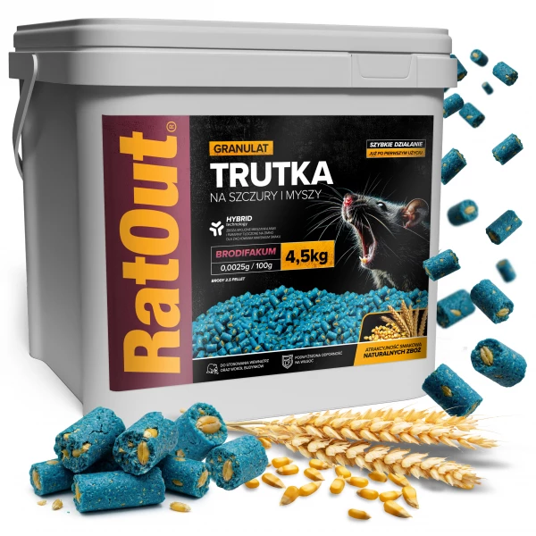 Trutka na szczury, myszy, gryzonie, granulat, pellet brodifakum RatOut® wiadro 4,5 kg