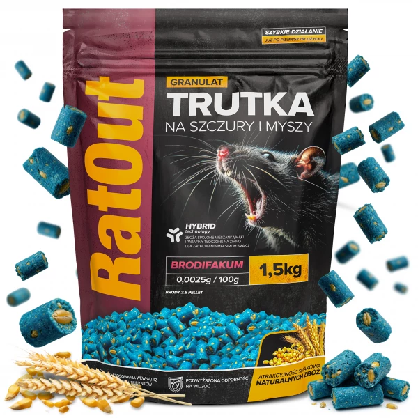 Trutka na szczury, myszy, gryzonie, granulat, pellet brodifakum RatOut® worek 1,5 kg