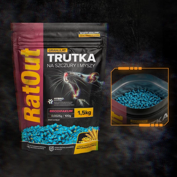 Trutka na szczury, myszy, gryzonie, granulat, pellet brodifakum RatOut® worek 1,5 kg