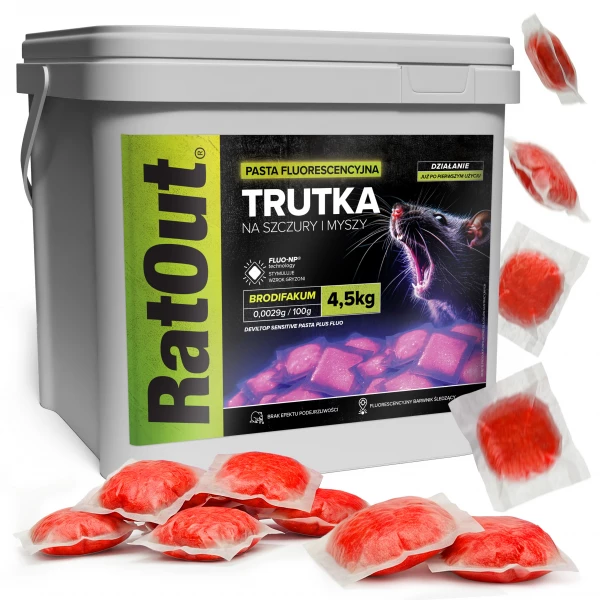 Trutka na myszy, szczury, gryzonie, pasta fluorescencyjna brodifakum RatOut® wiadro 4,5 kg