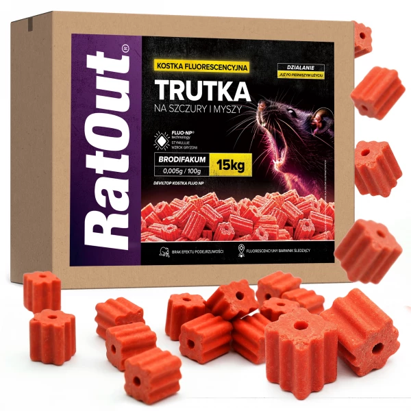 Trutka na gryzonie, szczury, myszy, kostka fluorescencyjna brodifakum RatOut® karton 15 kg