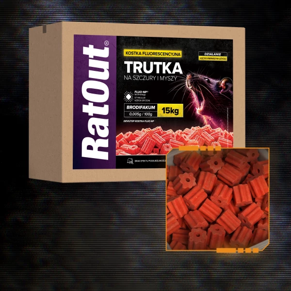 Trutka na gryzonie, szczury, myszy, kostka fluorescencyjna brodifakum RatOut® karton 15 kg