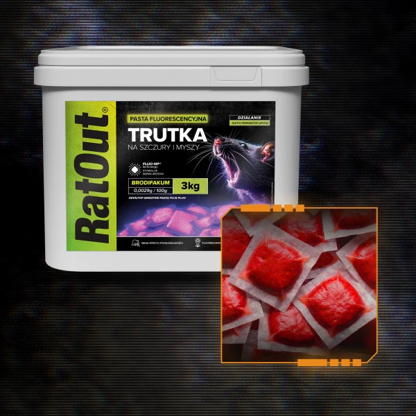 Trutka na myszy, szczury, gryzonie, pasta fluorescencyjna brodifakum RatOut® wiadro 3 kg