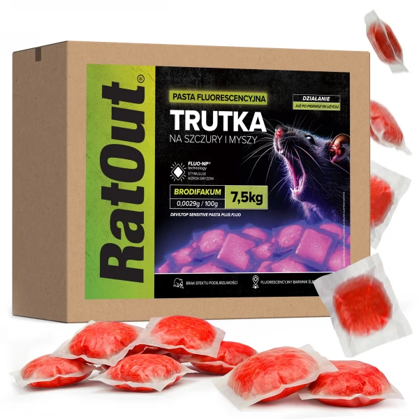 Trutka na myszy, szczury, gryzonie, pasta fluorescencyjna brodifakum RatOut® karton 7,5 kg