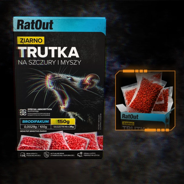 Trutka na myszy, szczury, gryzonie, zatrute ziarno brodifakum RatOut® 150 g