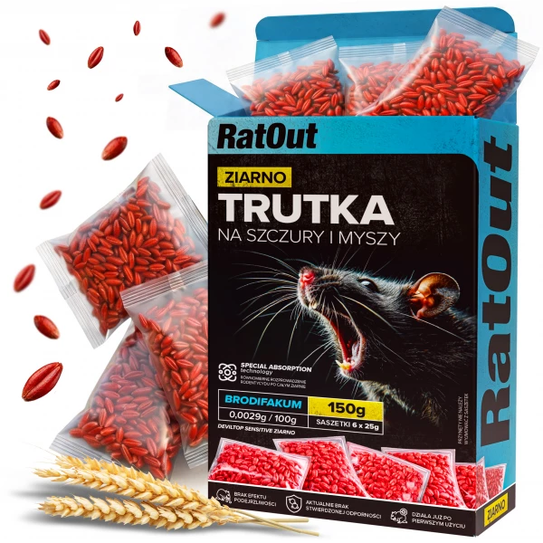 Trutka na myszy, szczury, gryzonie, zatrute ziarno brodifakum RatOut® 150 g