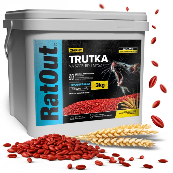 Trutka na myszy, szczury, gryzonie, zatrute ziarno brodifakum RatOut® wiadro 3 kg
