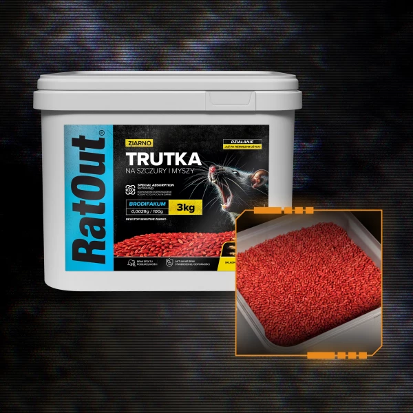 Trutka na myszy, szczury, gryzonie, zatrute ziarno brodifakum RatOut® wiadro 3 kg