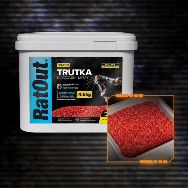 Trutka na myszy, szczury, gryzonie, zatrute ziarno brodifakum RatOut® wiadro 4,5 kg