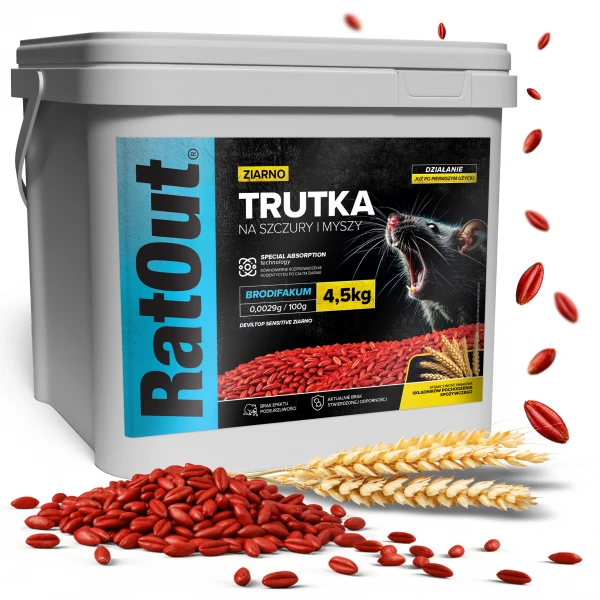 Trutka na myszy, szczury, gryzonie, zatrute ziarno brodifakum RatOut® wiadro 4,5 kg