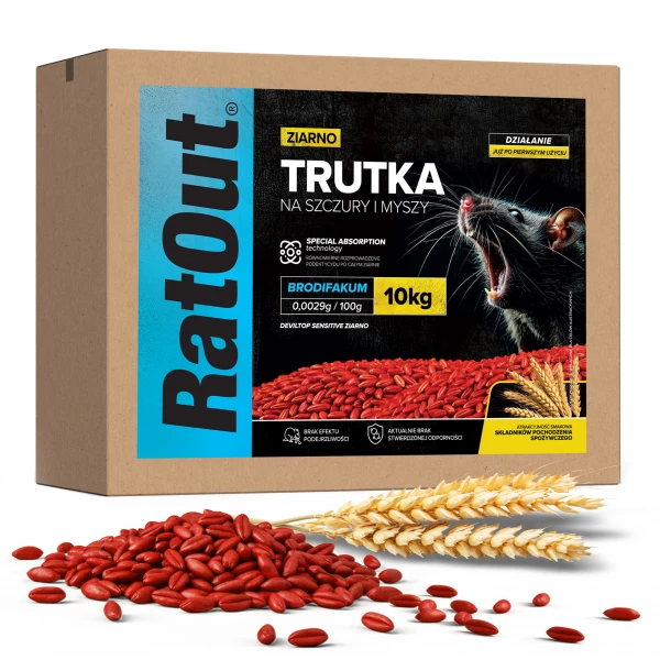 Trutka na myszy, szczury, gryzonie, zatrute ziarno brodifakum RatOut® karton 10 kg