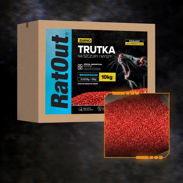 Trutka na myszy, szczury, gryzonie, zatrute ziarno brodifakum RatOut® karton 10 kg