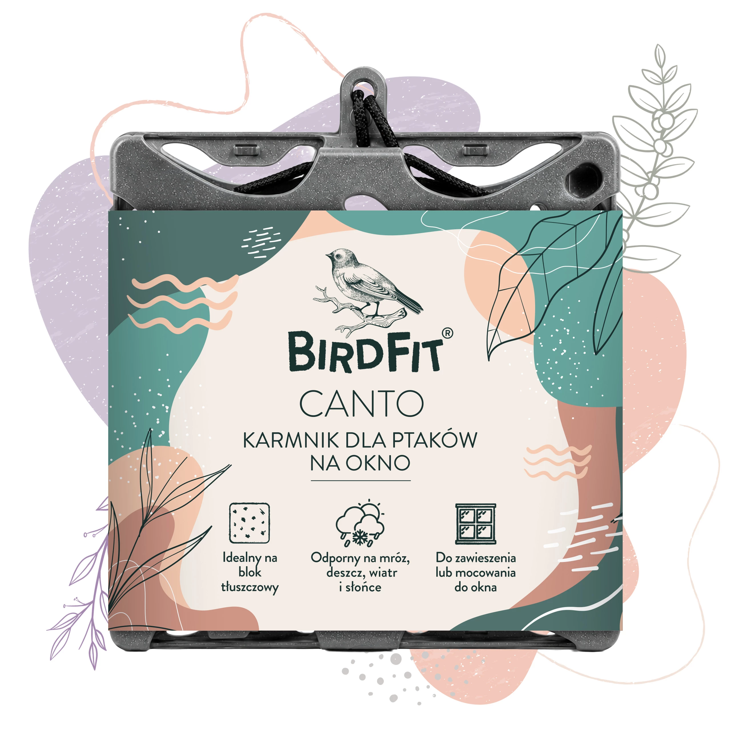 karmnik Bird Fit Canto, karmnik na bloki tłuszczowe, karmnik na szybę dla ptaków, karmnik z przyssawkami, wiszący karmnik dla ptaków, karmnik na blok 300 g, karmnik na blok 350 g, karmnik z recyklingu, całoroczny karmnik dla ptaków, karmnik dla sikorek, karmnik do obserwacji ptaków