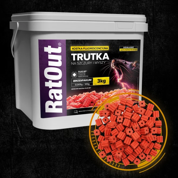 Najmocniejsza trutka na  szczury, myszy, gryzonie od RatOut® kostka fluorescencyjna brodifakum wiadro 3 kg