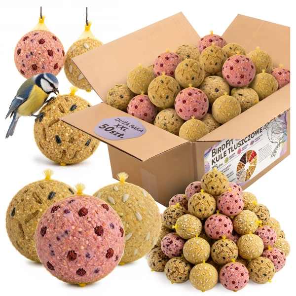 Kule tłuszczowe, bile, karma Premium BirdFit® Trio smaków - zestaw 50 sztuk × 90g z siateczką biodegradalną.