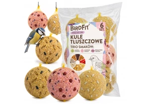Kule tłuszczowe, bile, karma Premium BirdFit® Trio smaków - zestaw 6 sztuk × 90g z siateczką biodegradalną.